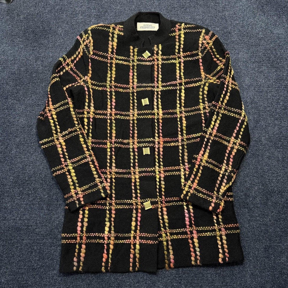 Vintage Steve Fabrikant Cardigan Sweater Womens Small Black Plaid Mock Neck